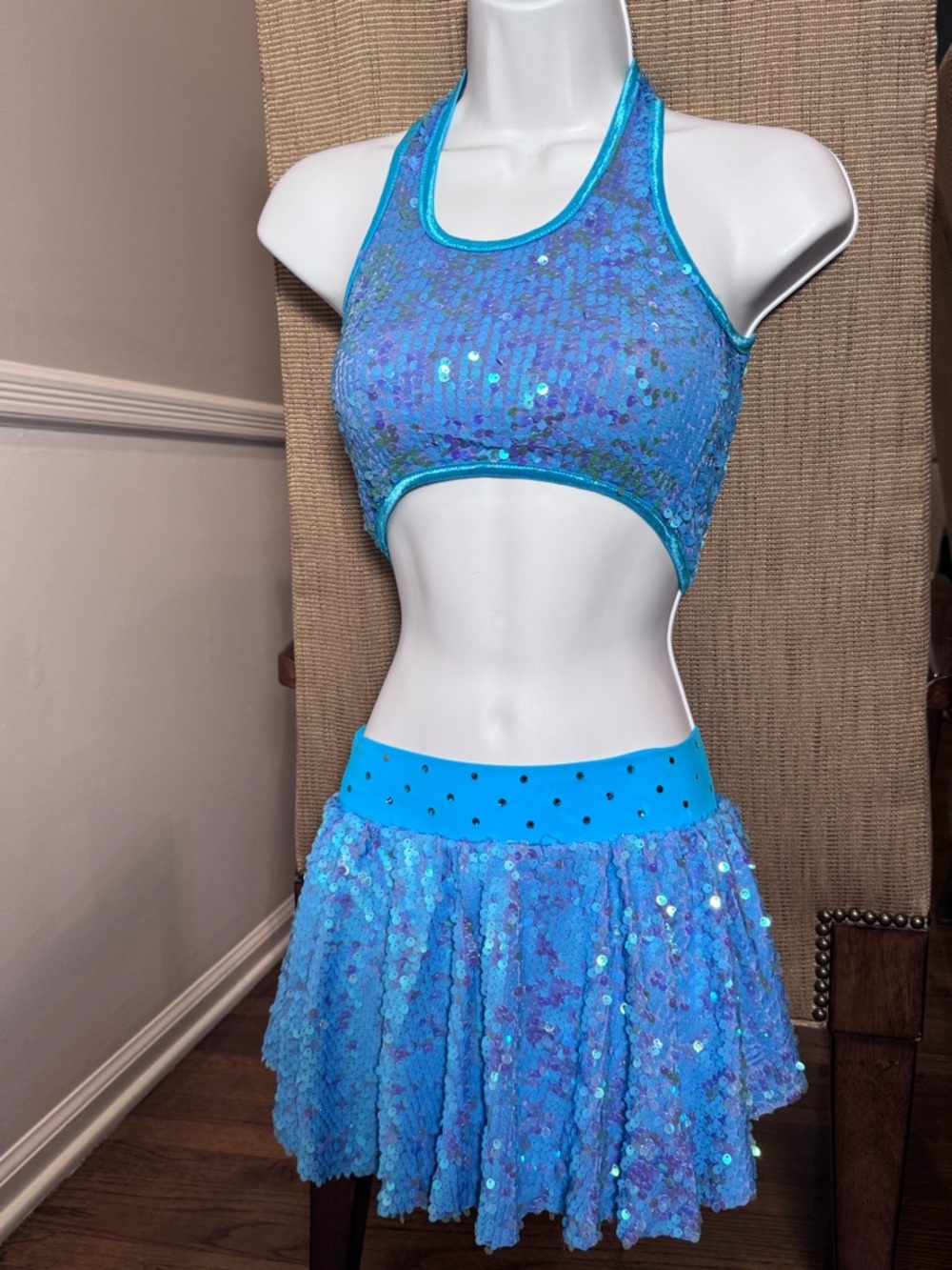 Blue Sequin Circle Skirt with High Waistband and Matching Top